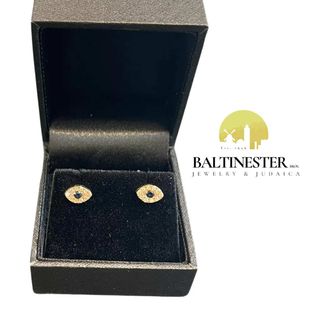 14K Yellow Gold Diamond and Sapphire Evil Eye Stud Earrings - Image 3