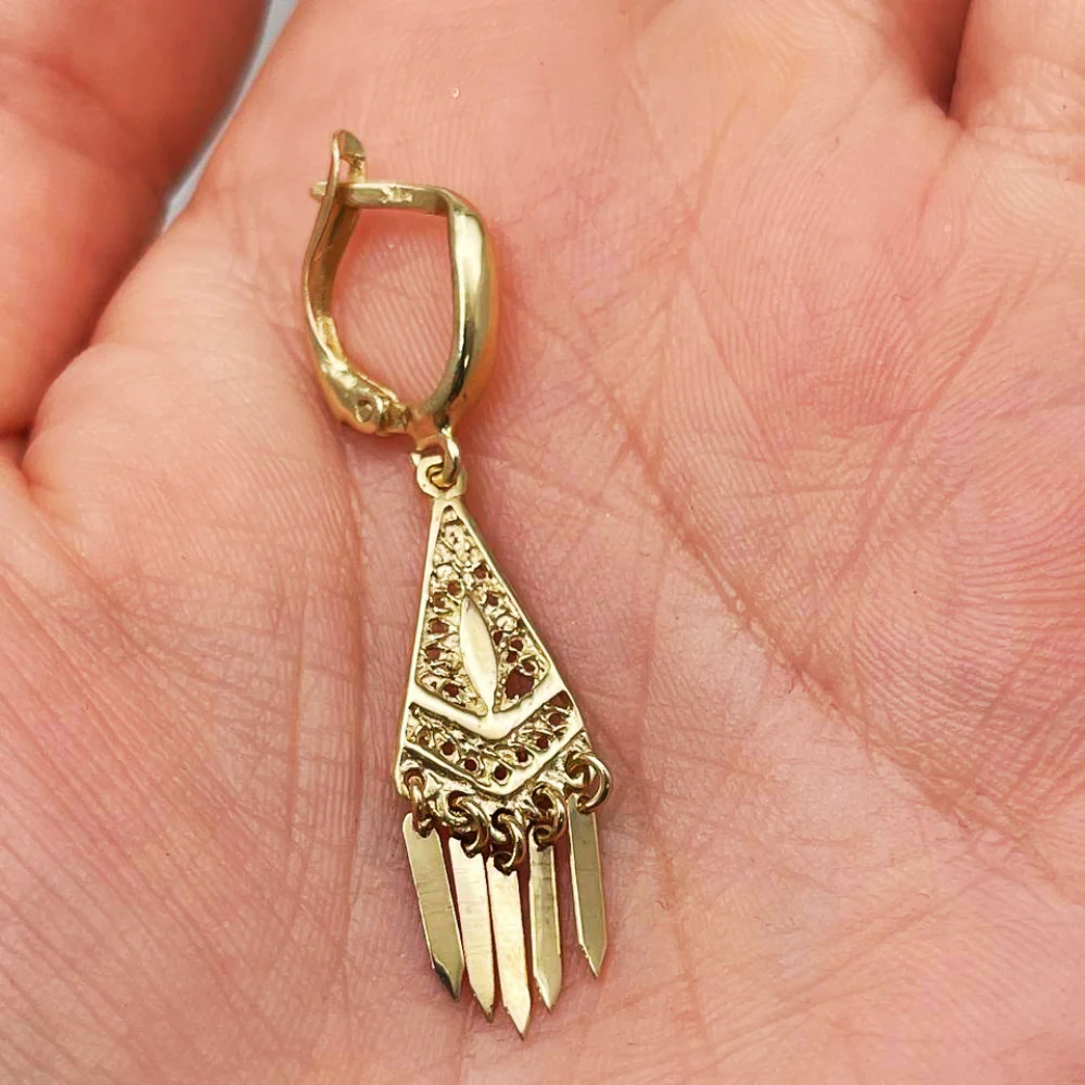 Filigree Triangle Fringe Earrings in 14K Solid Gold - Image 3