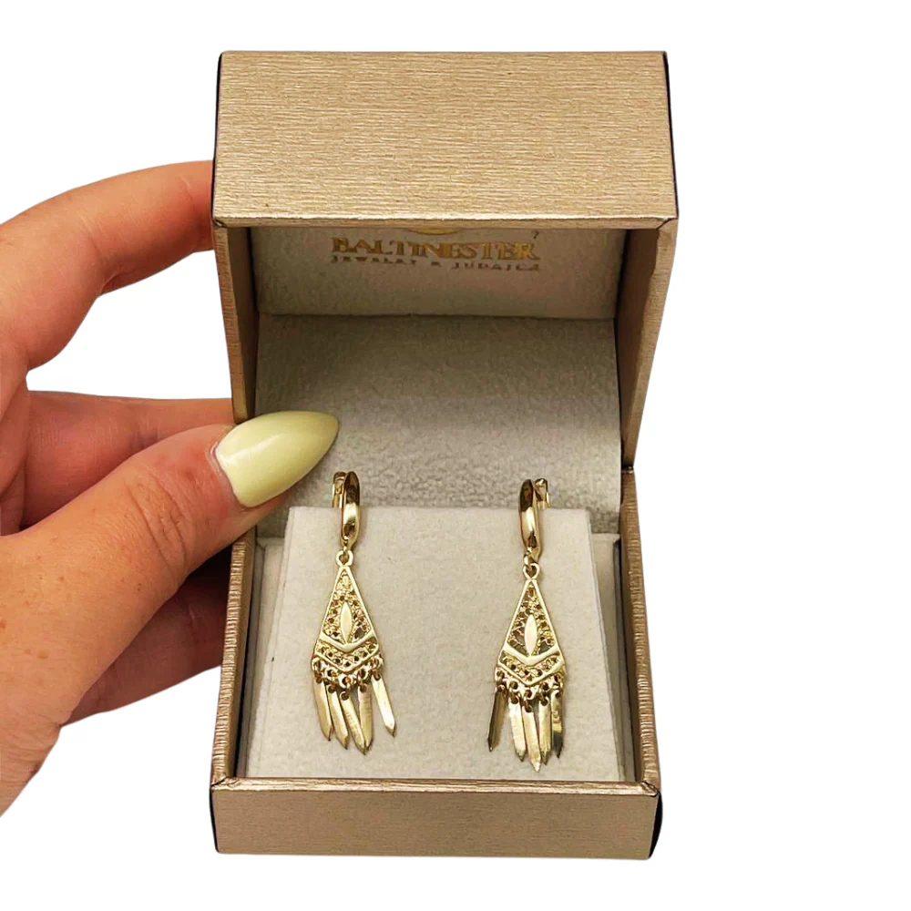Filigree Triangle Fringe Earrings in 14K Solid Gold - Image 5