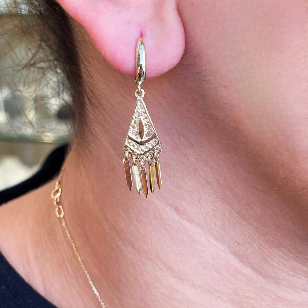 Filigree Triangle Fringe Earrings in 14K Solid Gold - Image 9