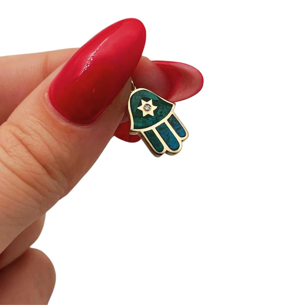 Hamsa Star of David Pendant in 14K Gold with Diamond & Eilat - Image 3