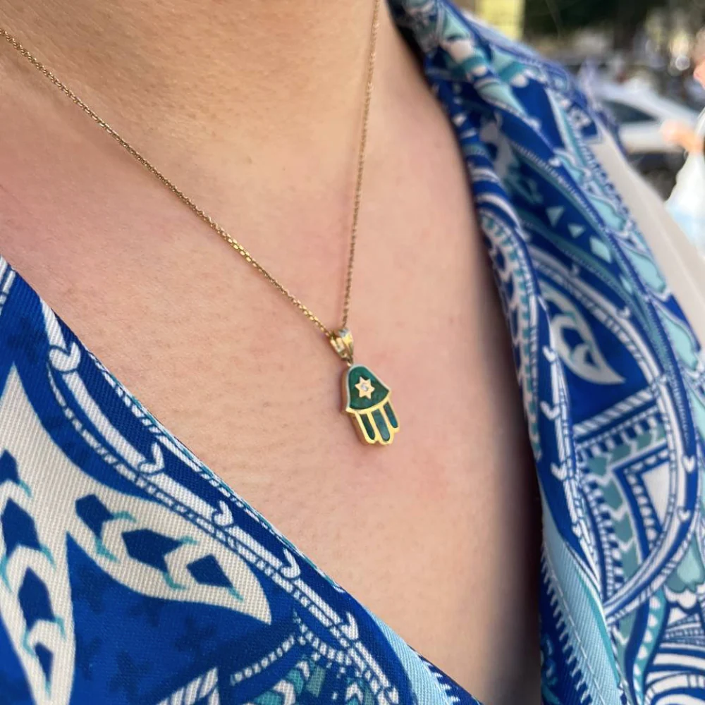 Hamsa Star of David Pendant in 14K Gold with Diamond & Eilat - Image 4