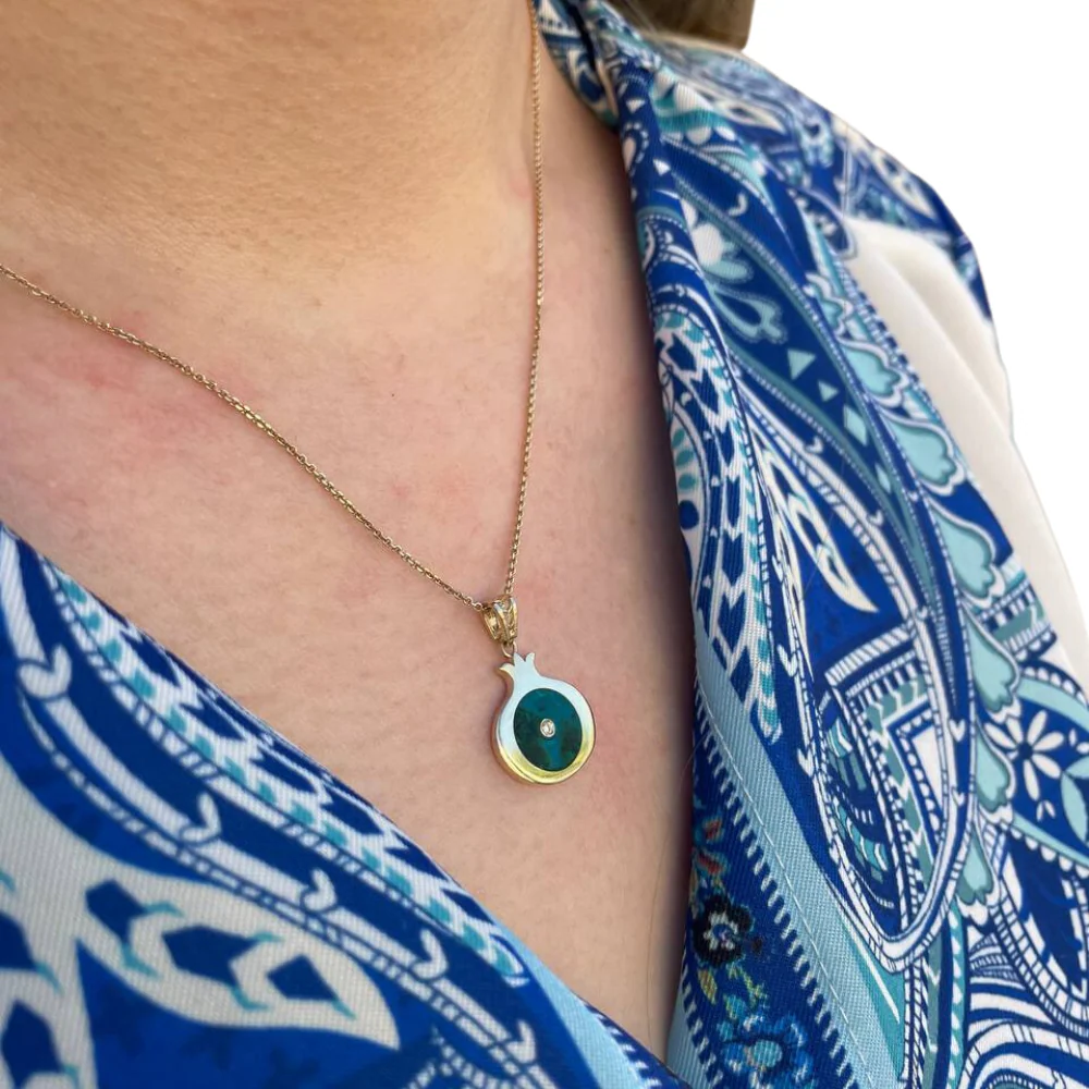 Israeli Eilat & Diamond Pomegranate Pendant in 14K Gold - Image 4