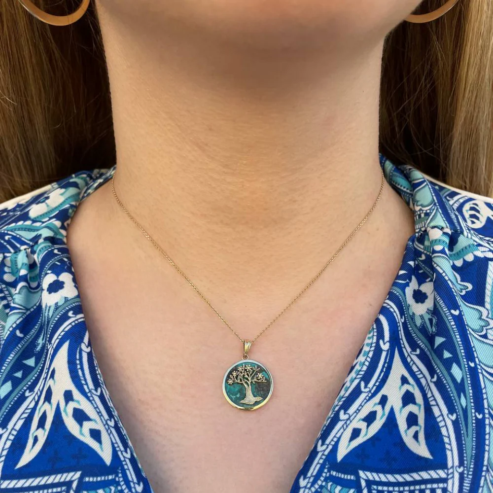 Tree of Life Round Pendant with Eilat Stone in 14K Gold - Image 4