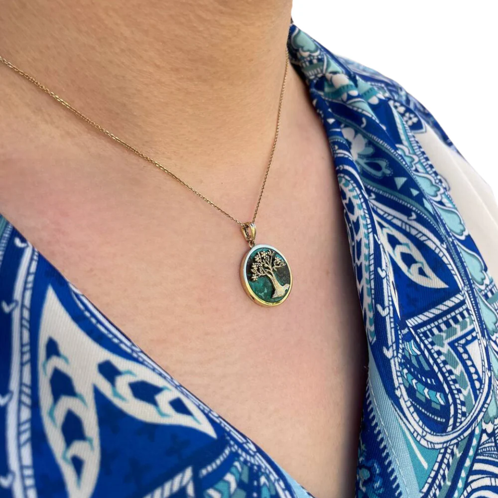 Tree of Life Round Pendant with Eilat Stone in 14K Gold - Image 5