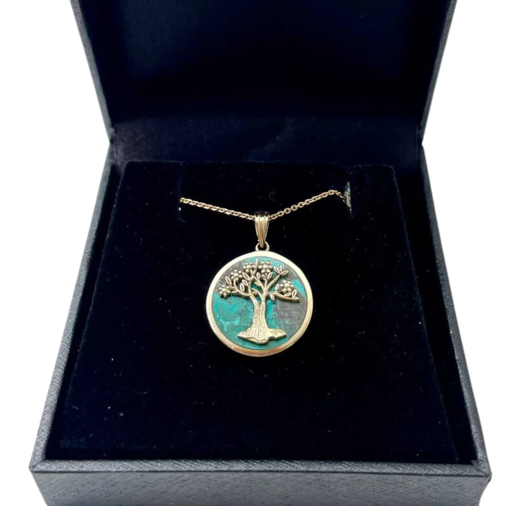 Tree of Life Round Pendant with Eilat Stone in 14K Gold - Image 6