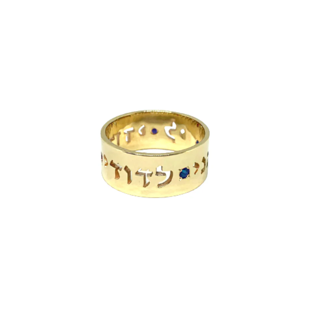 Hebrew Wedding Ring 14k Gold Cutout Ani Ledodi With Ruby/Sapphire - Image 5