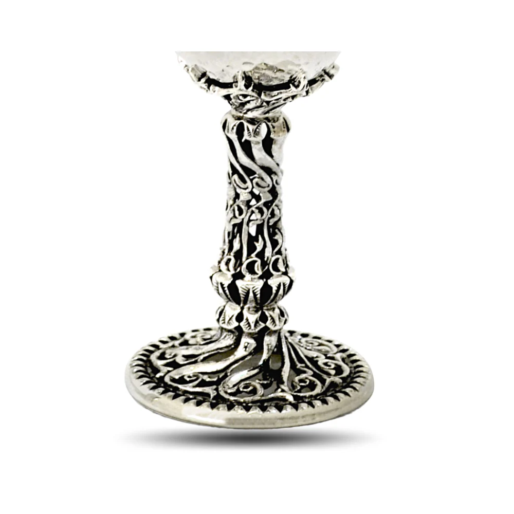 Kiddush Cup in Sterling Silver with Filigree Stem and Hammered Look - Image 3