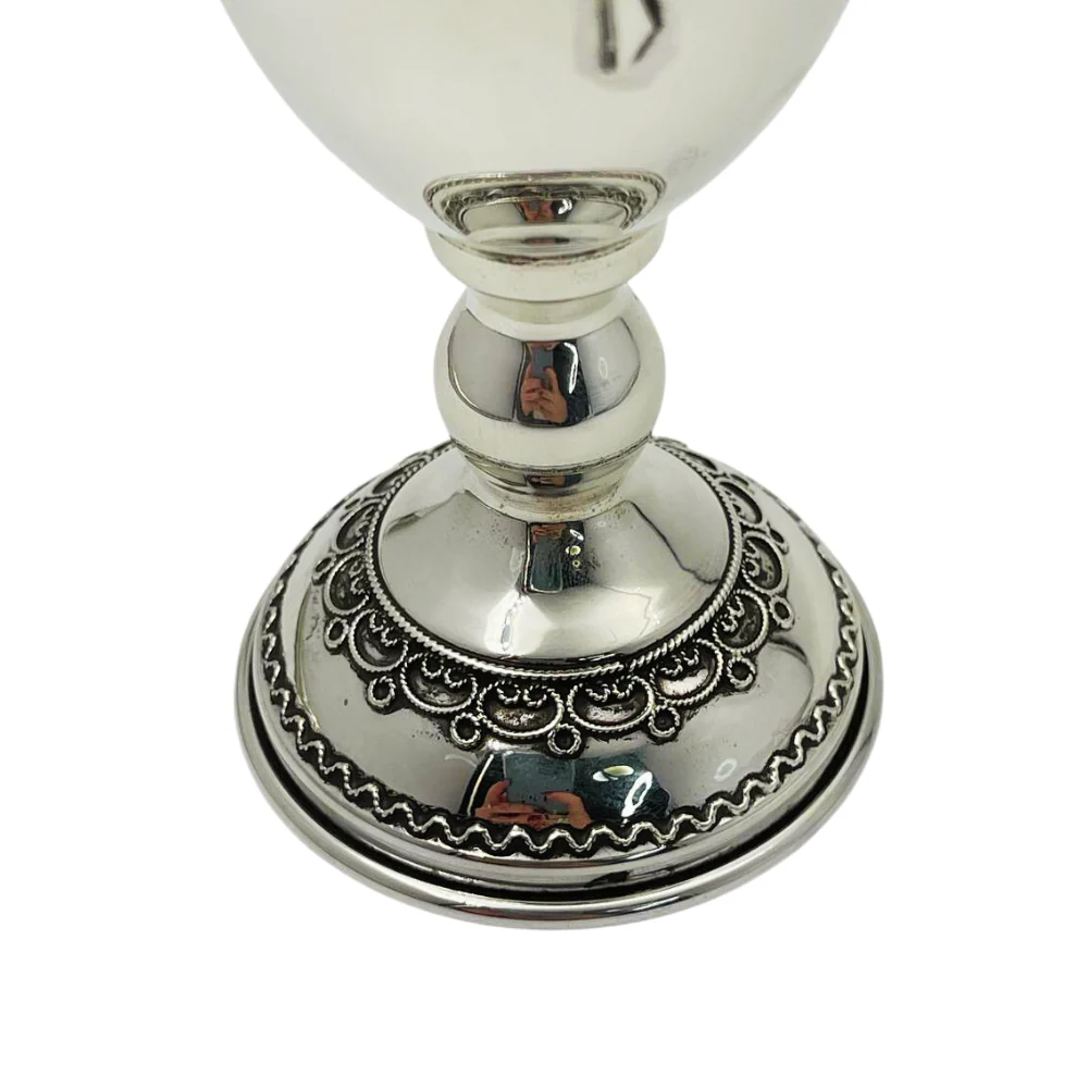 Silver Kiddush Cup with Filigree Stem - Hebrew Blessing over Wine and Grapes Pattern - Image 5