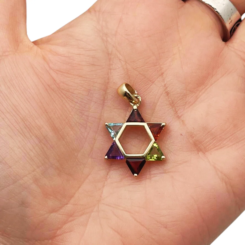Colorful Gemstones Star of David Pendant in 14K Gold - 21 mm - Image 3
