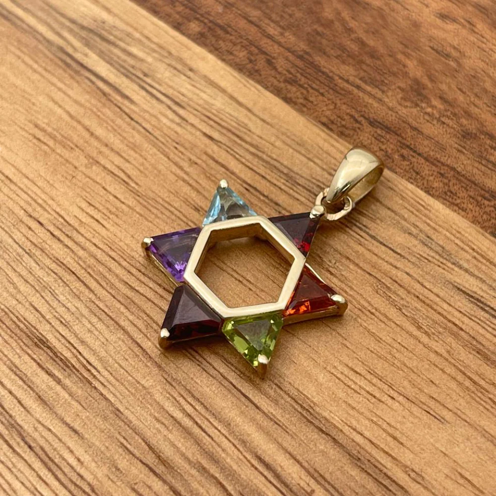 Colorful Gemstones Star of David Pendant in 14K Gold - 21 mm - Image 7
