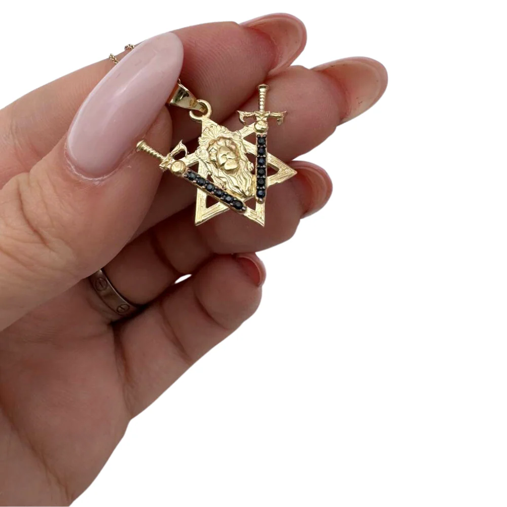 Two Swords Lion of Judah and Star of David Pendant in 14K Gold with Black Diamonds - Image 3