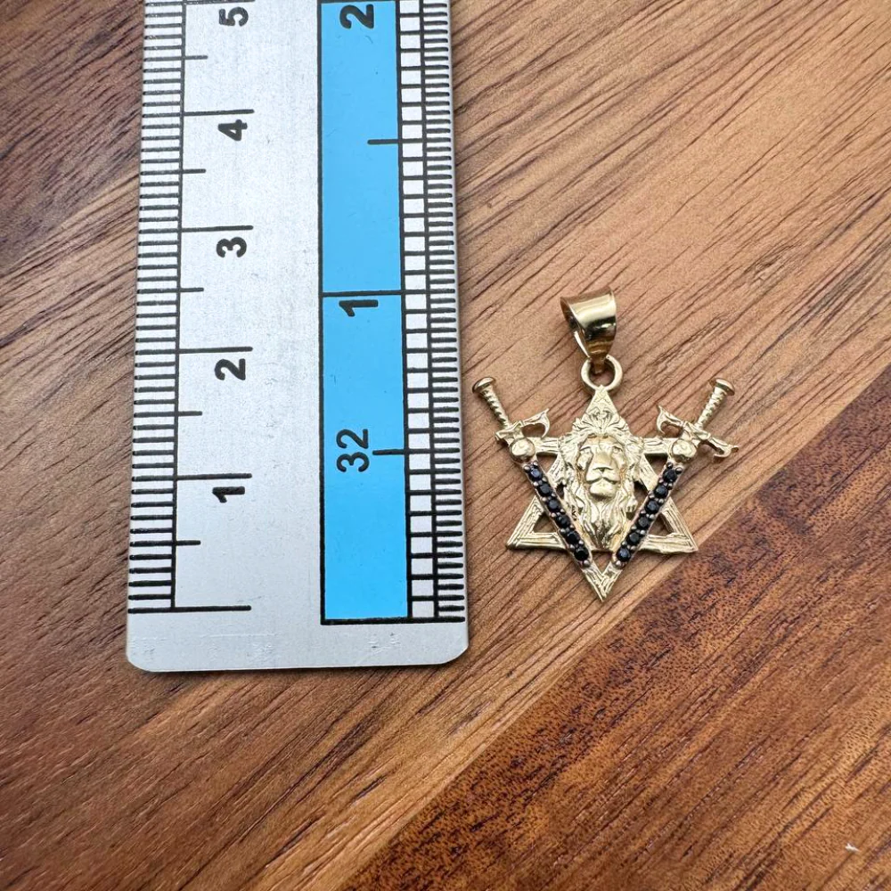 Two Swords Lion of Judah and Star of David Pendant in 14K Gold with Black Diamonds - Image 4