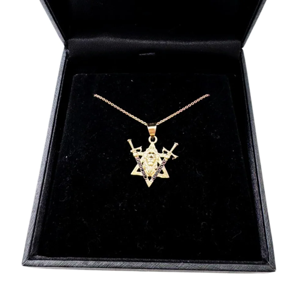 Two Swords Lion of Judah and Star of David Pendant in 14K Gold with Black Diamonds - Image 6