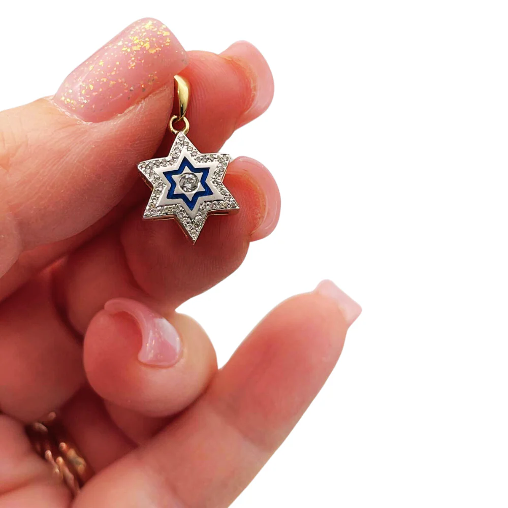 Diamond Star of David Pendant in 14K Yellow & White Gold with Blue Enamel - Small - Image 3