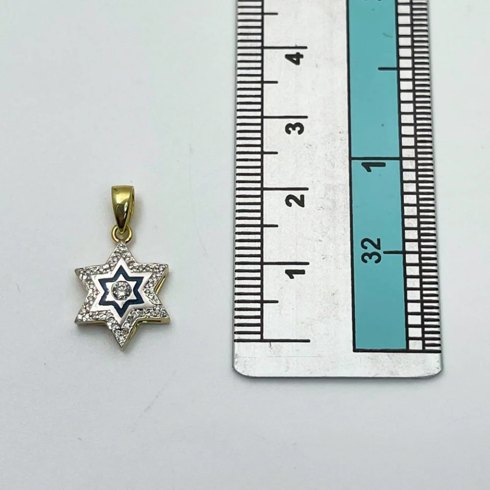 Diamond Star of David Pendant in 14K Yellow & White Gold with Blue Enamel - Small - Image 4
