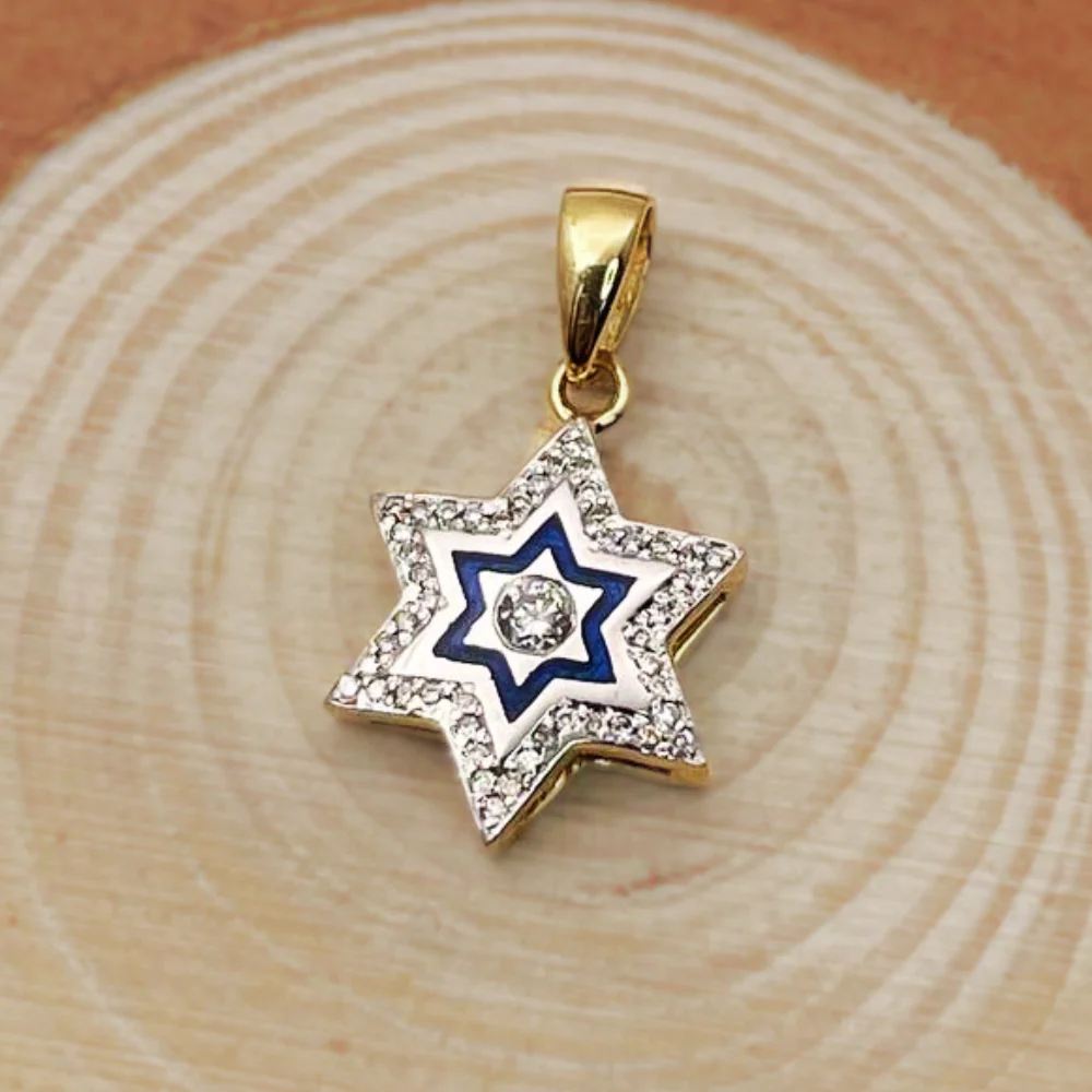 Diamond Star of David Pendant in 14K Yellow & White Gold with Blue Enamel - Small - Image 5