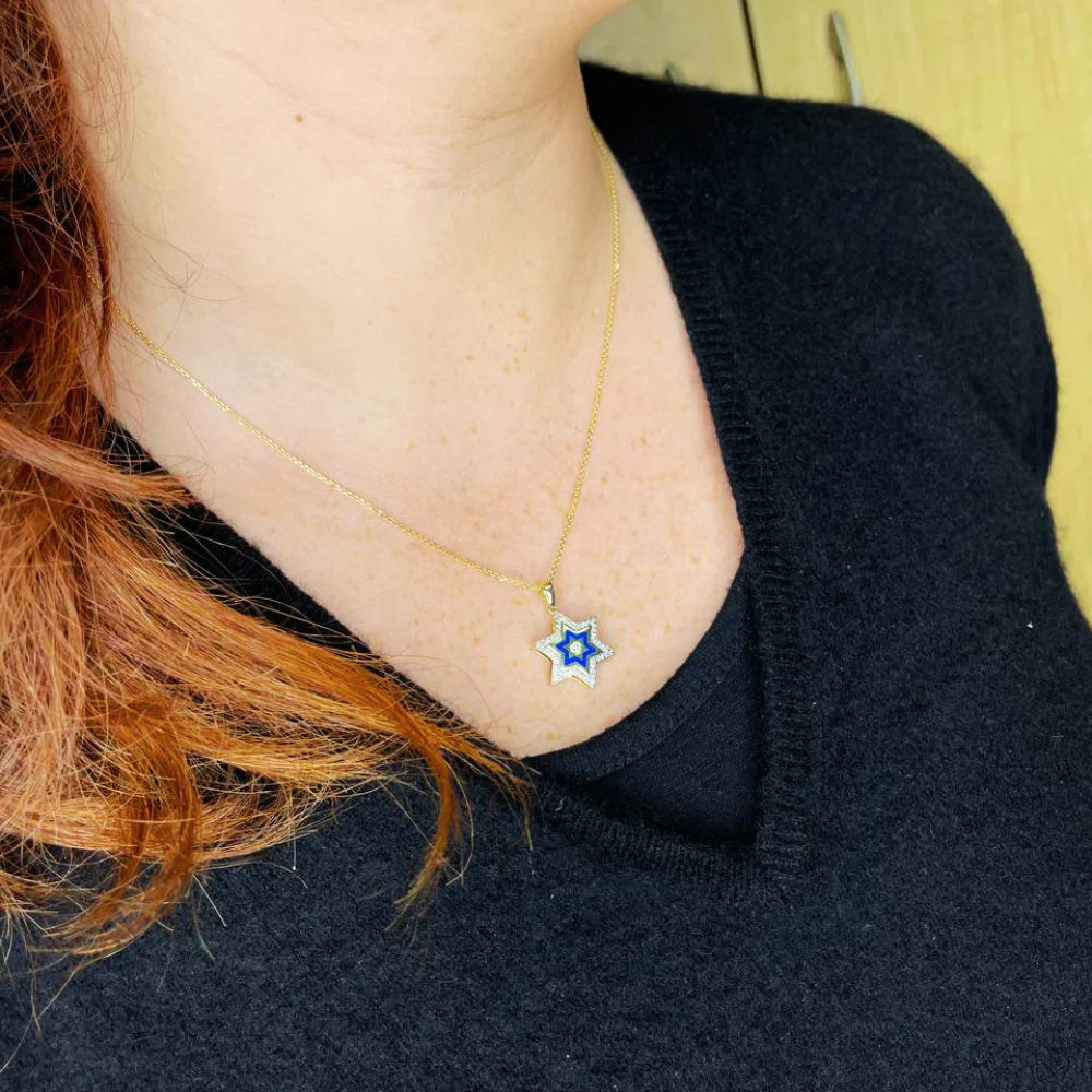 Diamond Star of David Pendant in 14K Yellow & White Gold with Blue Enamel - Small - Image 7