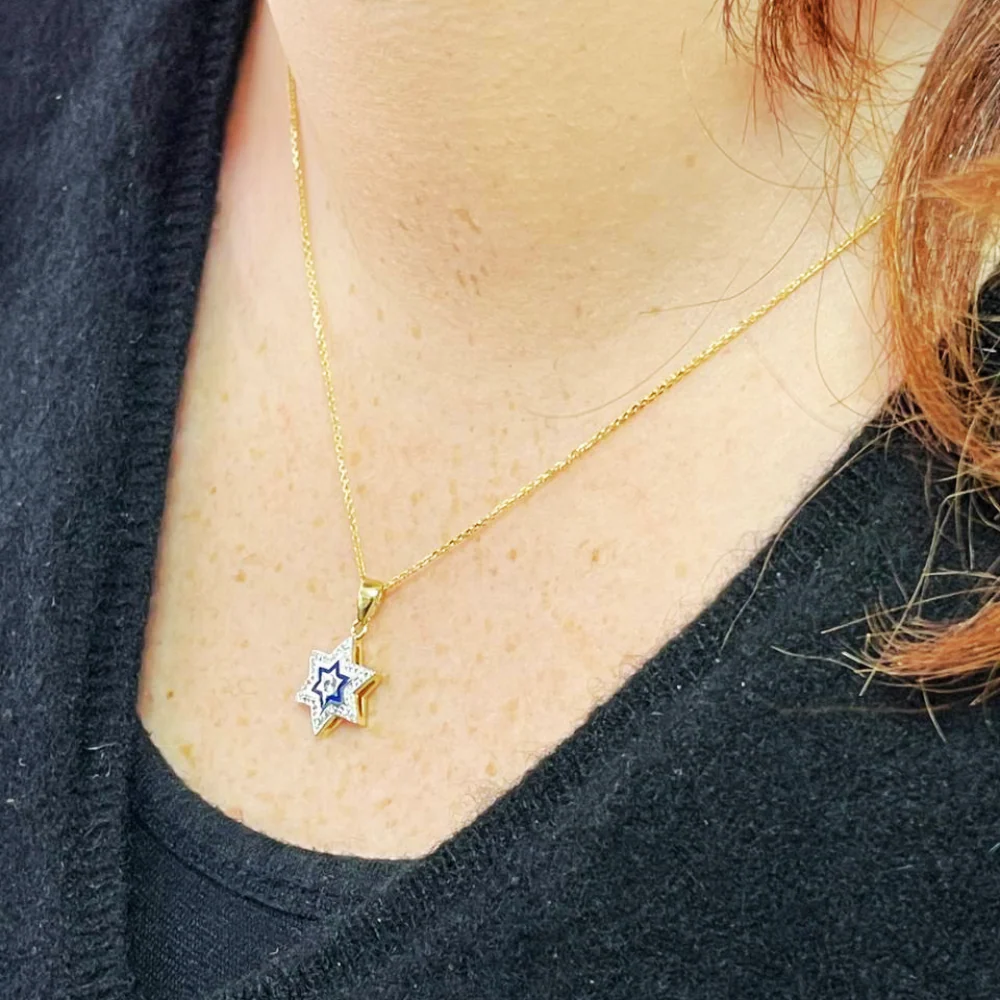 Diamond Star of David Pendant in 14K Yellow & White Gold with Blue Enamel - Small - Image 8