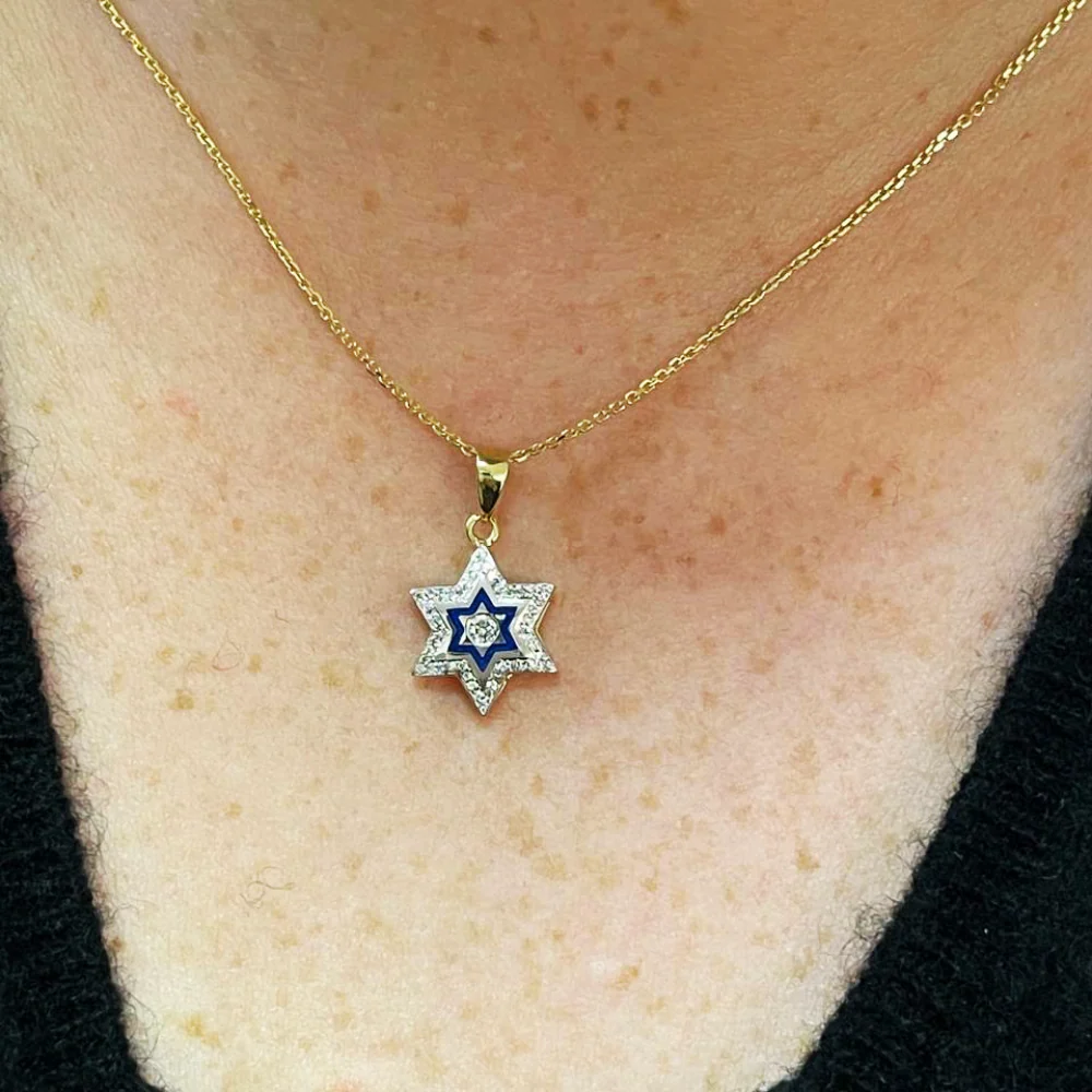 Diamond Star of David Pendant in 14K Yellow & White Gold with Blue Enamel - Small - Image 9