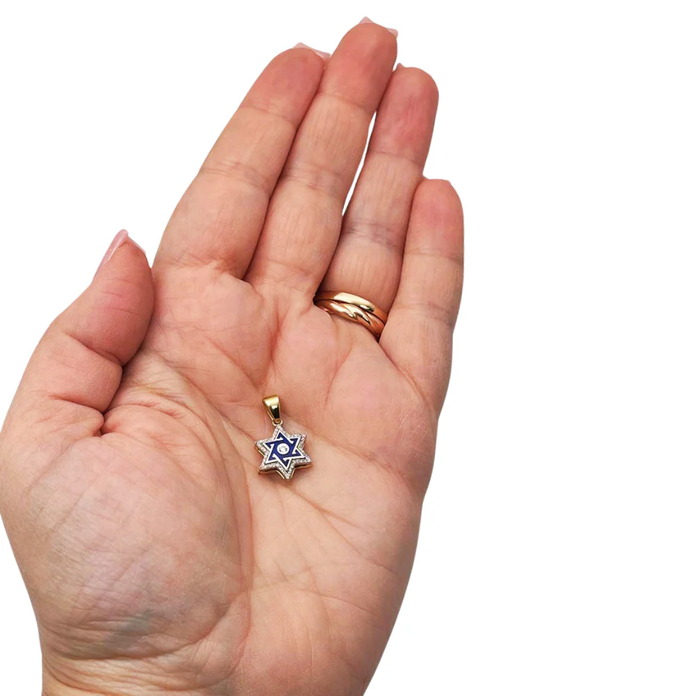 Star of David Pendant with Diamond Studded Border in 14K Yellow & White Gold with Blue Enamel - Image 3