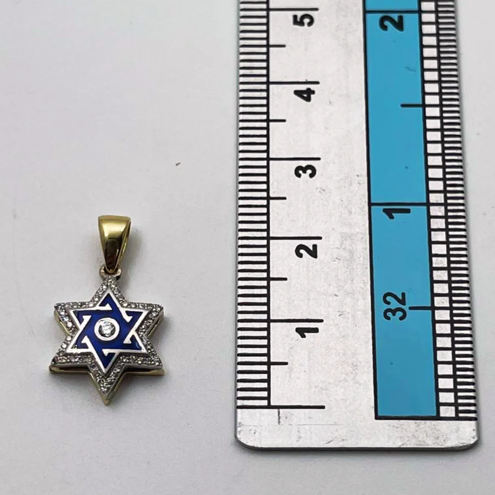 Star of David Pendant with Diamond Studded Border in 14K Yellow & White Gold with Blue Enamel - Image 5
