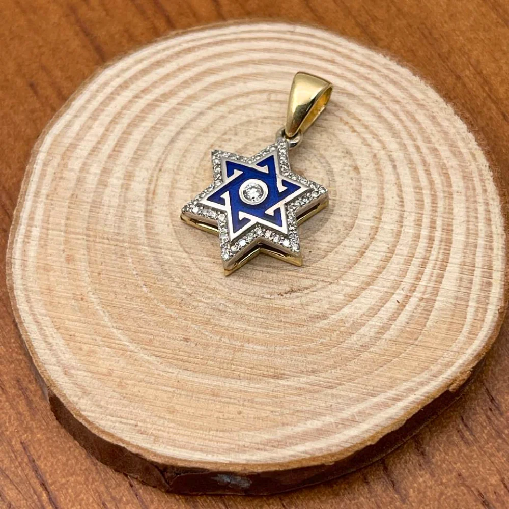 Star of David Pendant with Diamond Studded Border in 14K Yellow & White Gold with Blue Enamel - Image 6