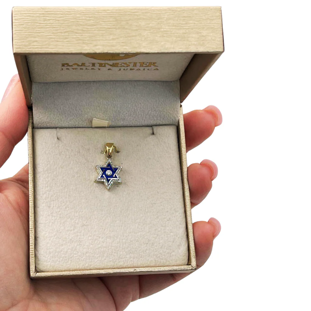 Star of David Pendant with Diamond Studded Border in 14K Yellow & White Gold with Blue Enamel - Image 7