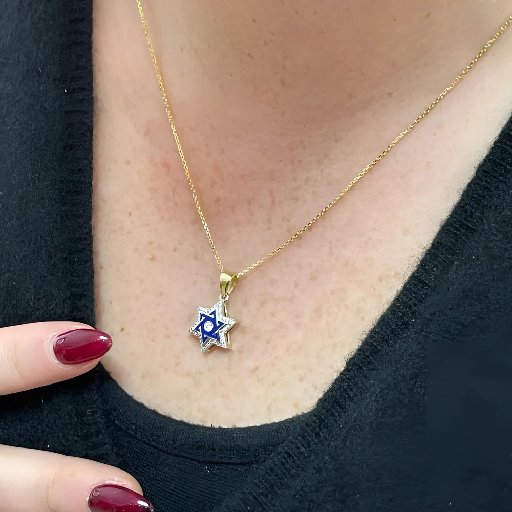 Star of David Pendant with Diamond Studded Border in 14K Yellow & White Gold with Blue Enamel - Image 8