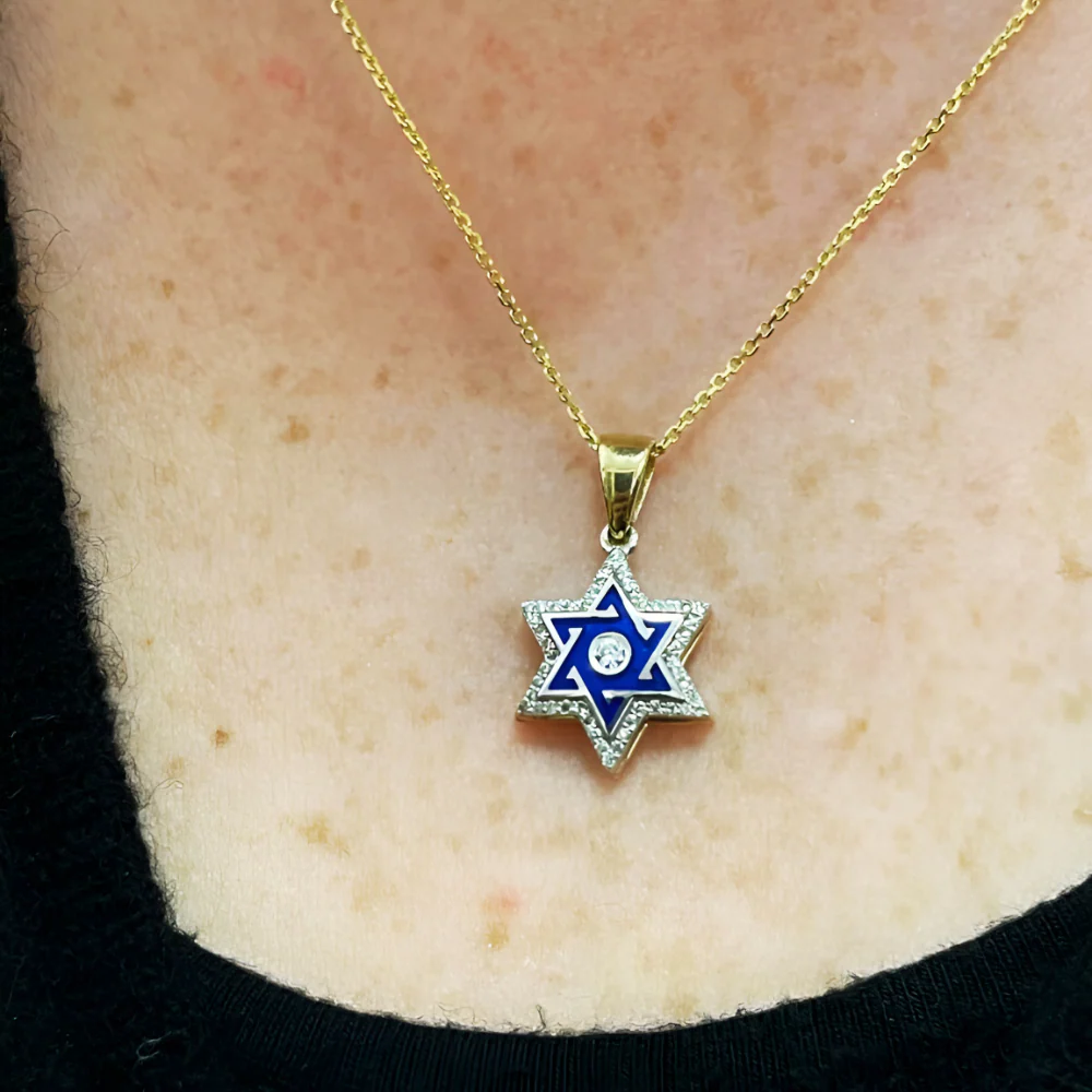 Star of David Pendant with Diamond Studded Border in 14K Yellow & White Gold with Blue Enamel - Image 9