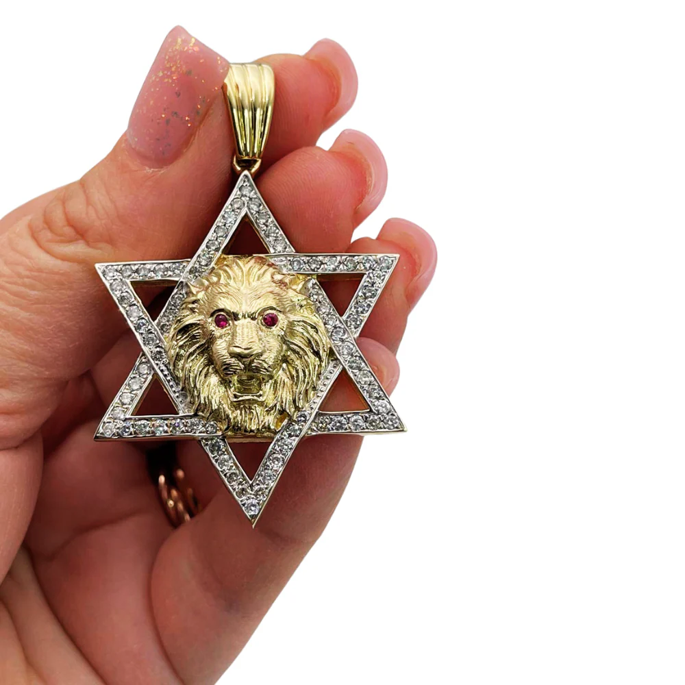 Star of David with Lion of Judah Pendant For Men in 14K Gold with Diamonds & Rubies - Image 3