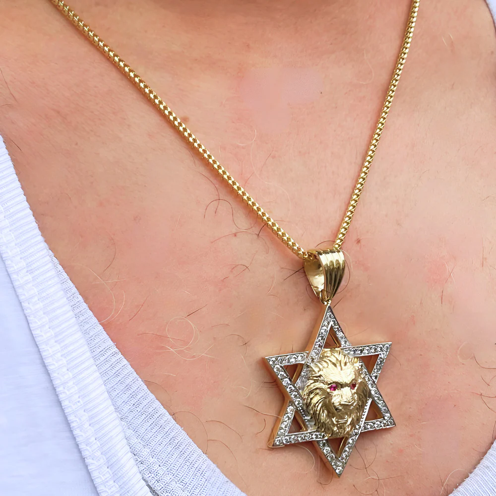 Star of David with Lion of Judah Pendant For Men in 14K Gold with Diamonds & Rubies - Image 6