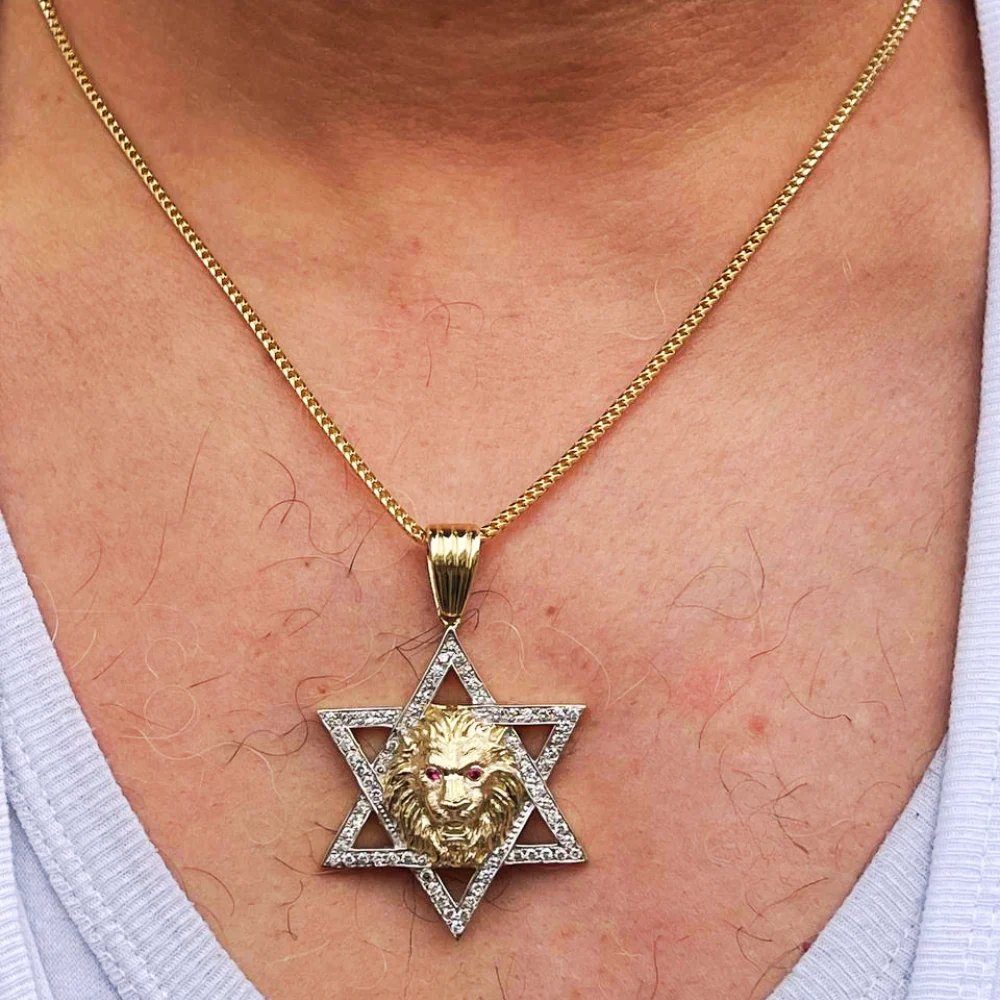 Star of David with Lion of Judah Pendant For Men in 14K Gold with Diamonds & Rubies - Image 7