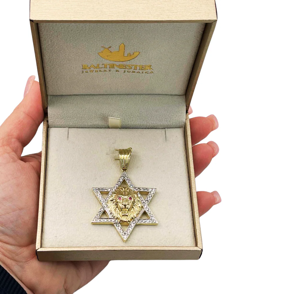 Star of David with Lion of Judah Pendant For Men in 14K Gold with Diamonds & Rubies - Image 8