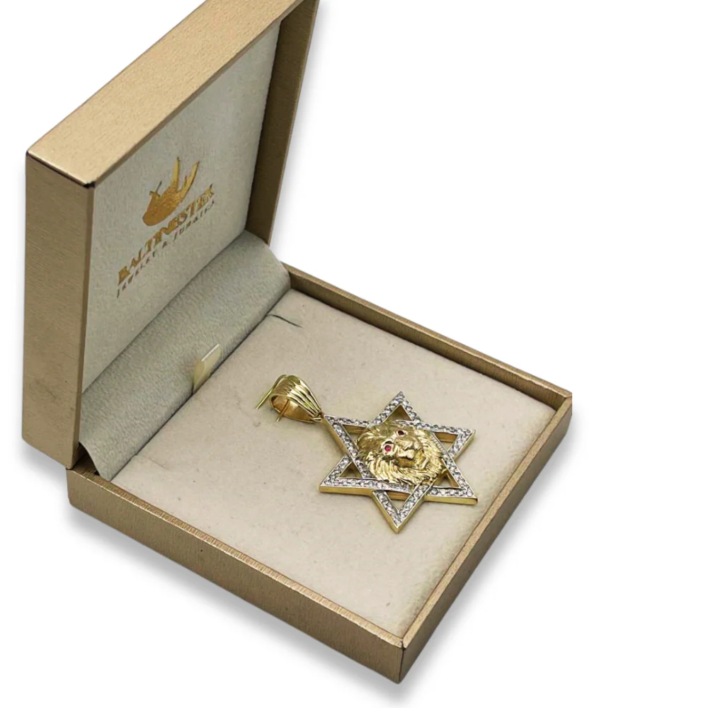 Star of David with Lion of Judah Pendant For Men in 14K Gold with Diamonds & Rubies - Image 9