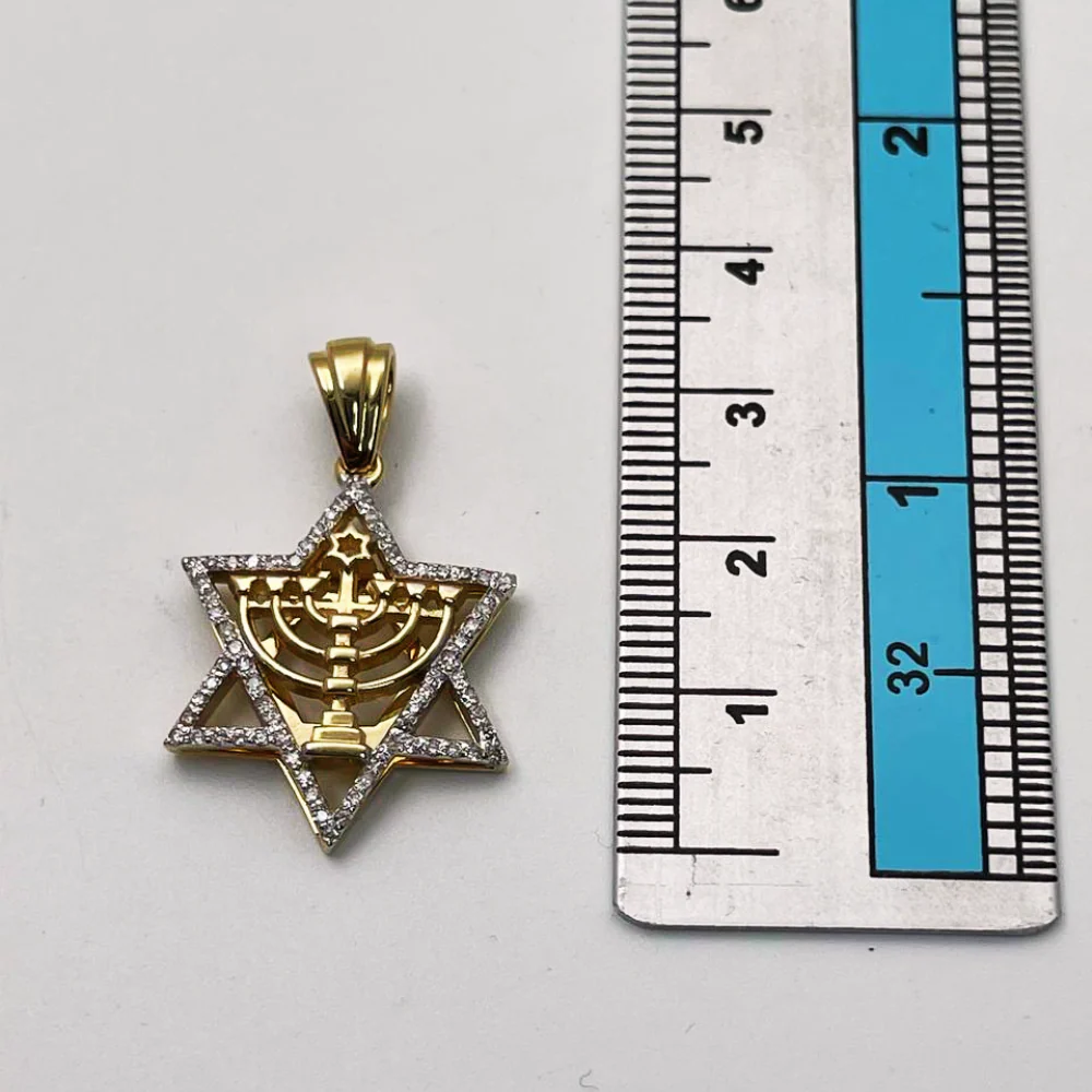 Diamond Studded Star of David Menorah Pendant in 14K Two Tone Gold - Large - Image 7