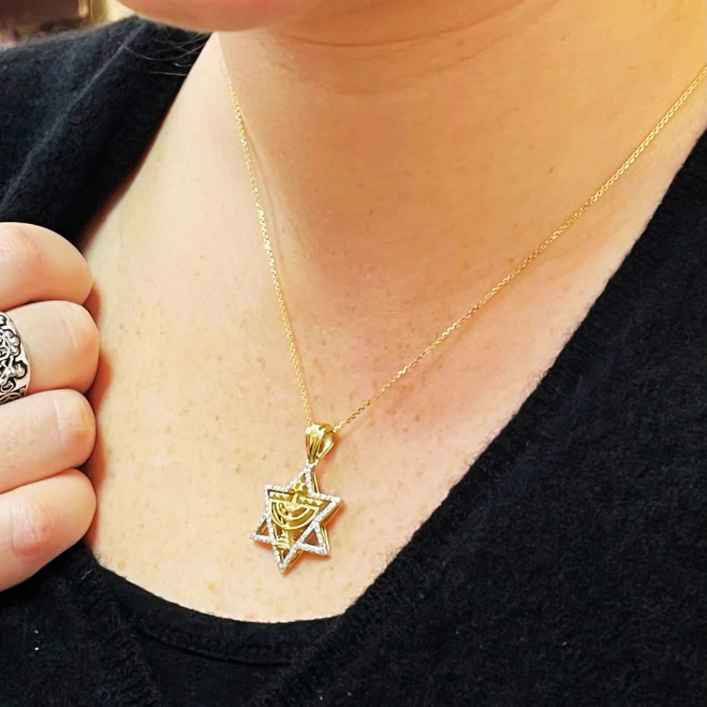 Diamond Studded Star of David Menorah Pendant in 14K Two Tone Gold - Large - Image 8