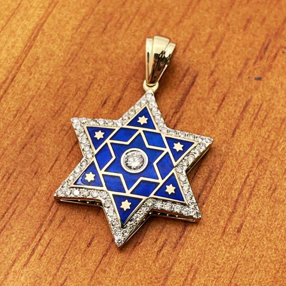 Diamond Star of David Pendant in 14K Gold with Blue Enamel - 1.2" Size - Image 10