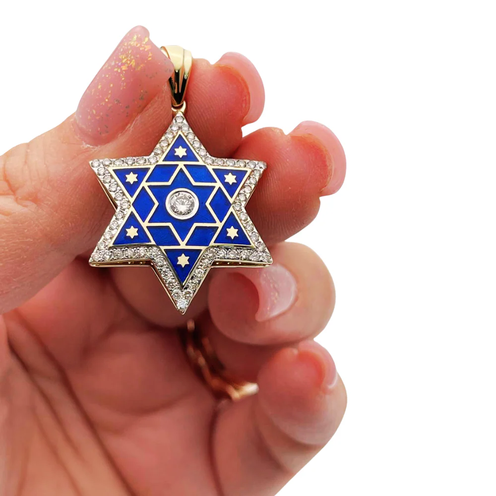 Diamond Star of David Pendant in 14K Gold with Blue Enamel - 1.2" Size - Image 3
