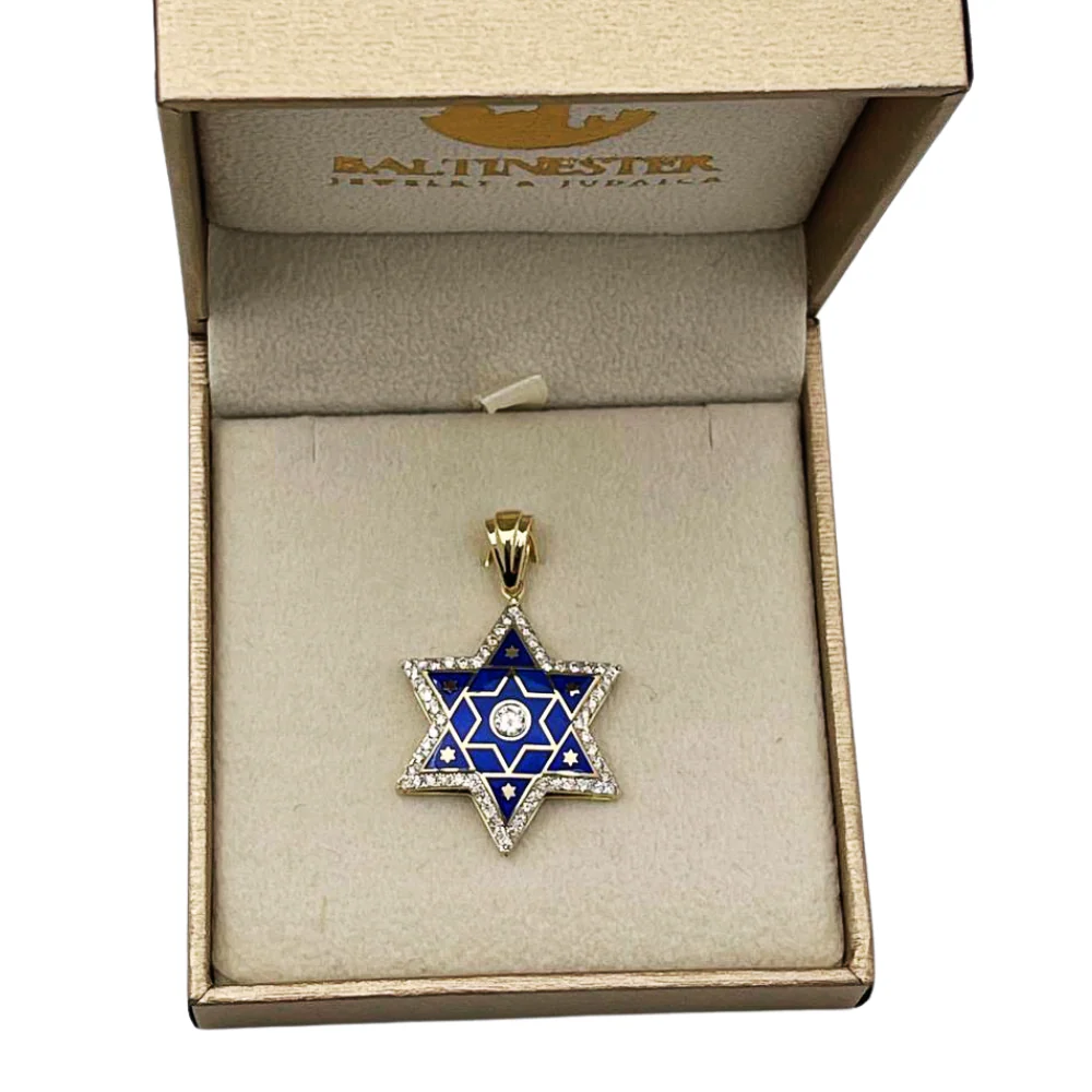 Diamond Star of David Pendant in 14K Gold with Blue Enamel - 1.2" Size - Image 5