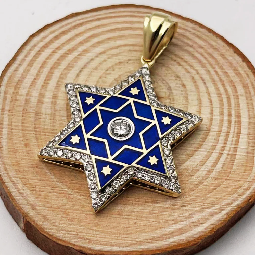 Diamond Star of David Pendant in 14K Gold with Blue Enamel - 1.2" Size - Image 6