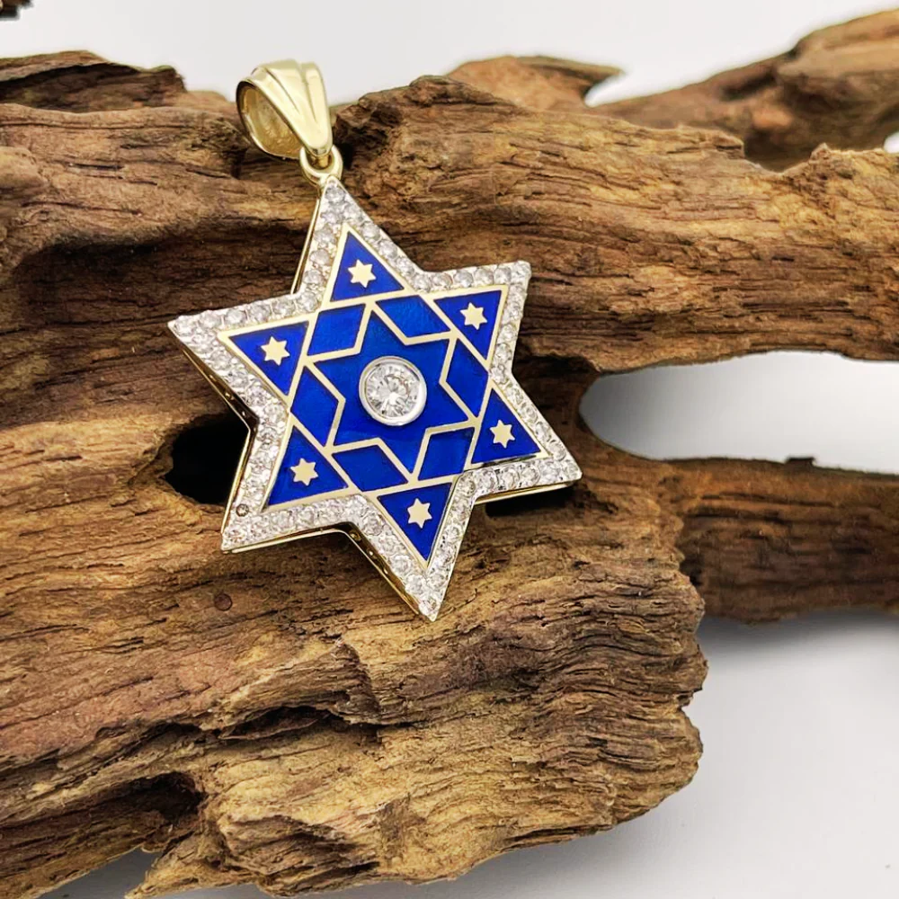 Diamond Star of David Pendant in 14K Gold with Blue Enamel - 1.2" Size - Image 7
