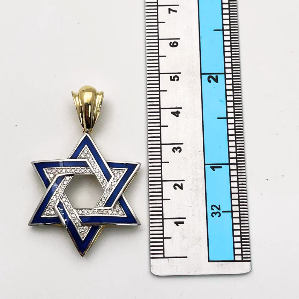 Diamond Star of David Geometric Pendant in 14K Gold with Blue Enamel - 1.38" Size - Image 3