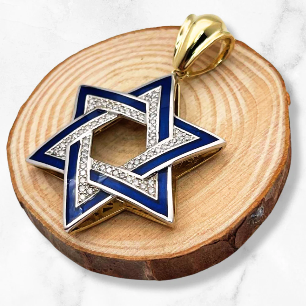 Diamond Star of David Geometric Pendant in 14K Gold with Blue Enamel - 1.38" Size - Image 4