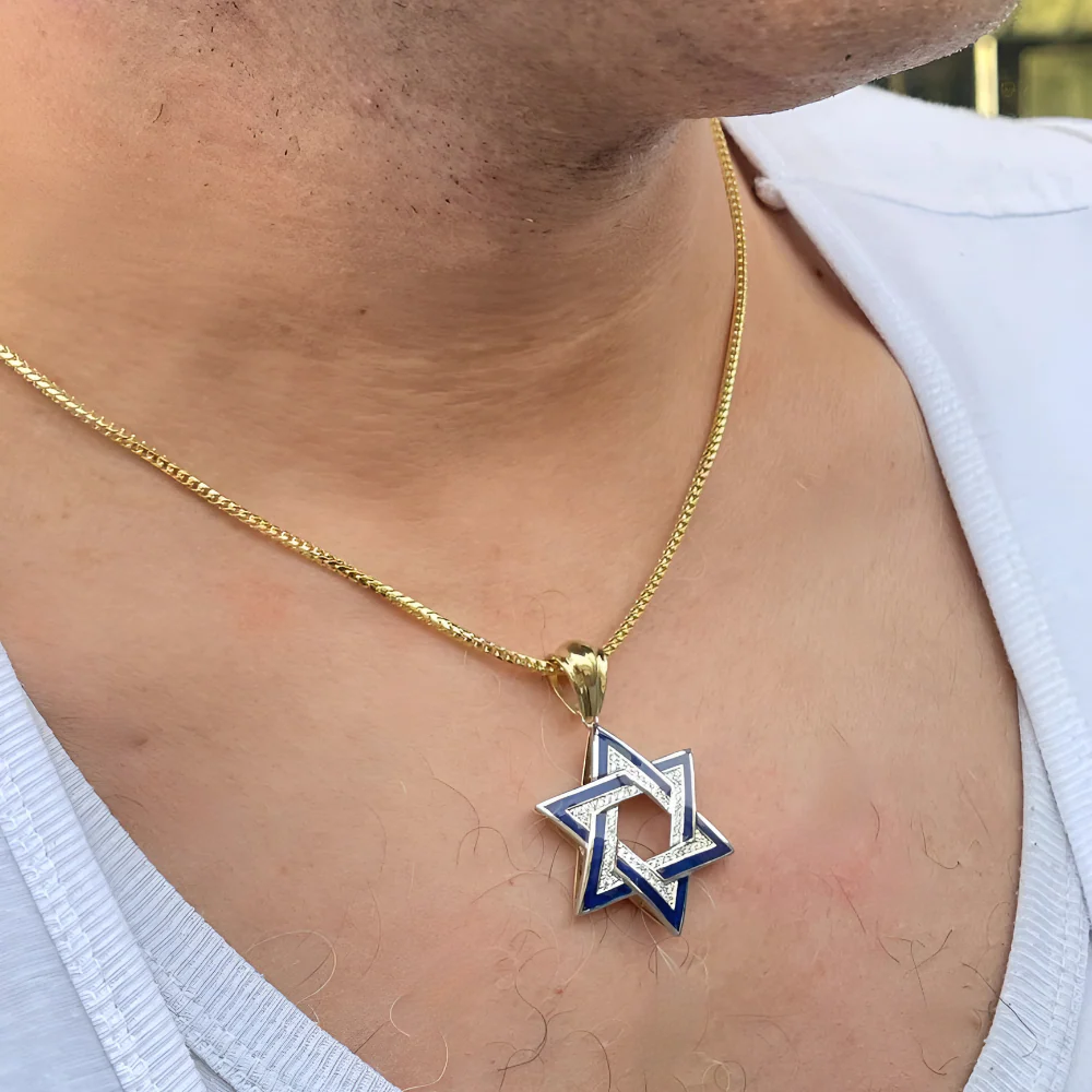 Diamond Star of David Geometric Pendant in 14K Gold with Blue Enamel - 1.38" Size - Image 5