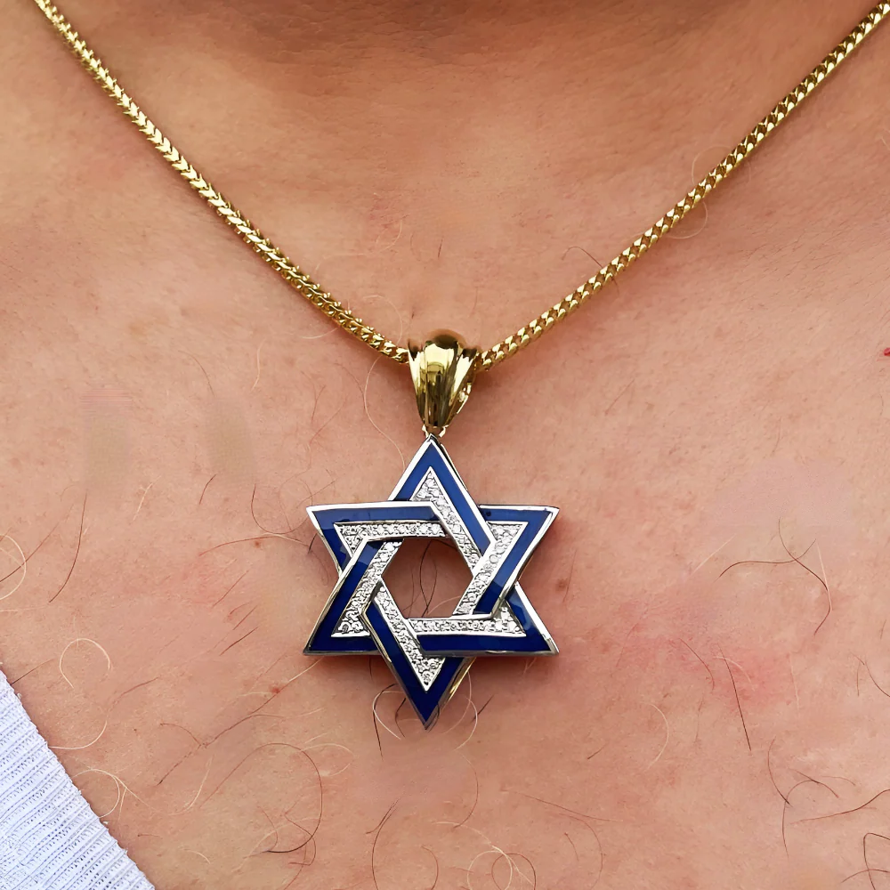 Diamond Star of David Geometric Pendant in 14K Gold with Blue Enamel - 1.38" Size - Image 6