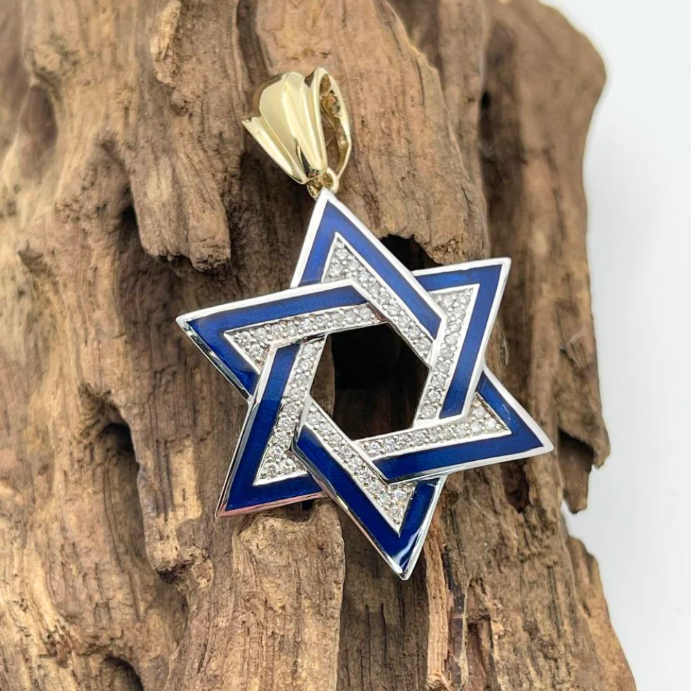 Diamond Star of David Geometric Pendant in 14K Gold with Blue Enamel - 1.38" Size - Image 7