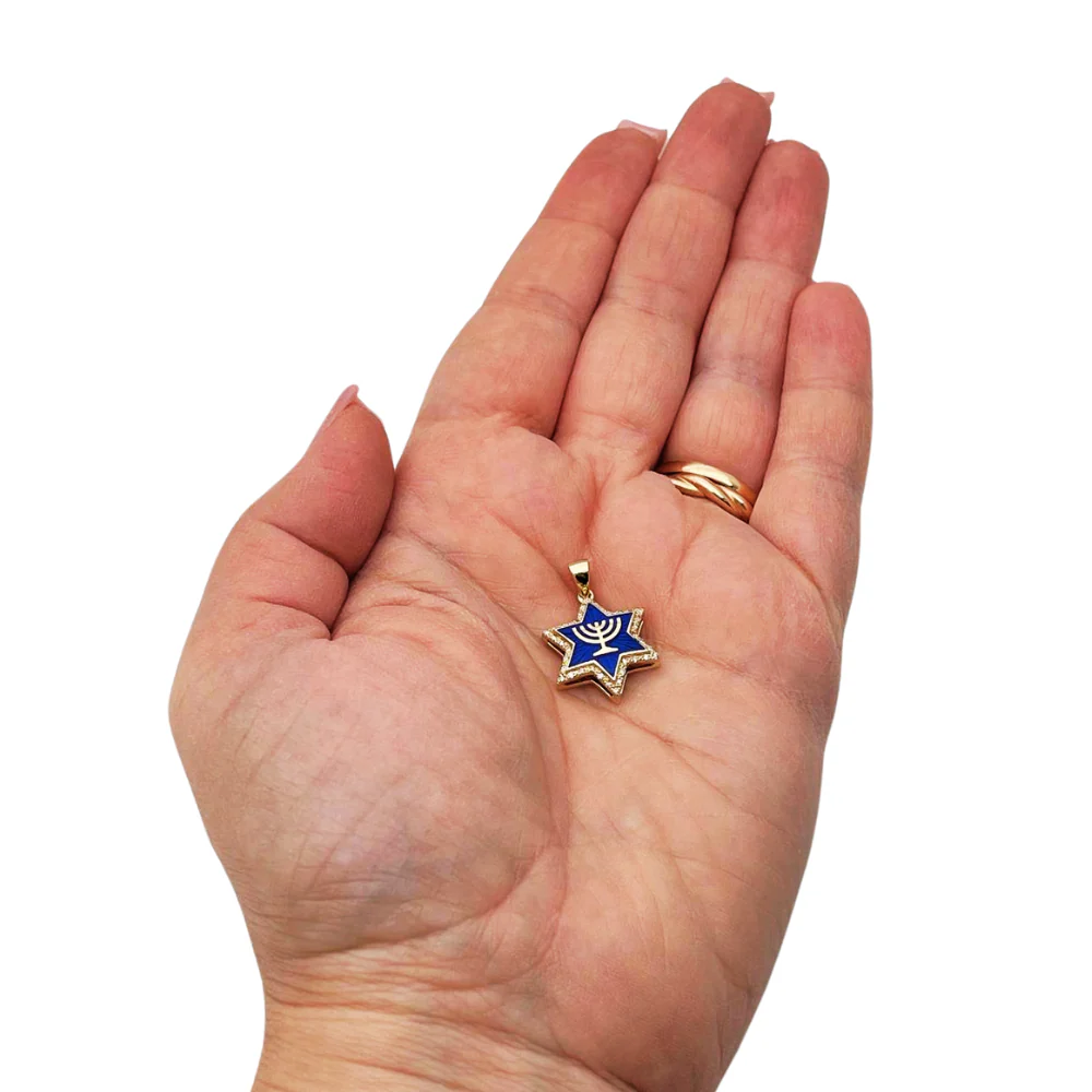 Diamond Star of David Menorah Pendant in 14K Gold and Blue Enamel - Image 3