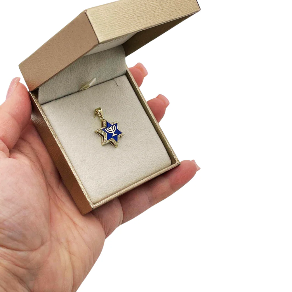 Diamond Star of David Menorah Pendant in 14K Gold and Blue Enamel - Image 4