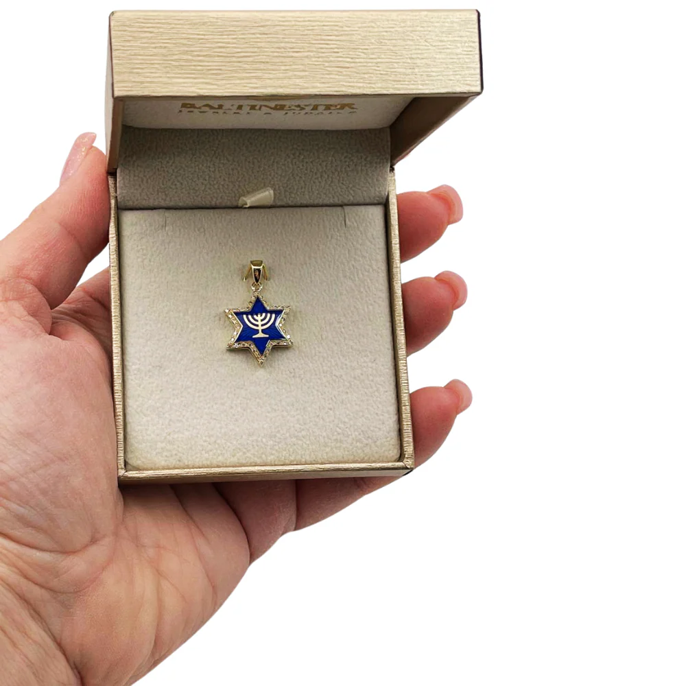 Diamond Star of David Menorah Pendant in 14K Gold and Blue Enamel - Image 5